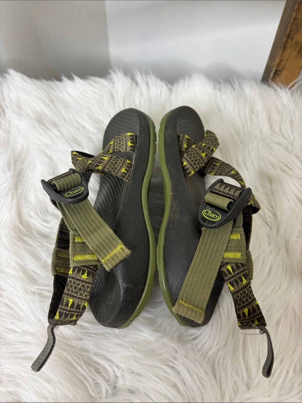 Chaco Kids Sandals in Olive and Yellow Strap Pattern Size 2